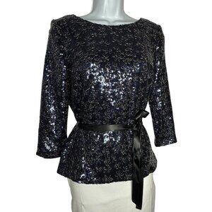 Alex Evenings Navy Blue Sequin Floral Top  3/4 Sleeves Size Small NWT